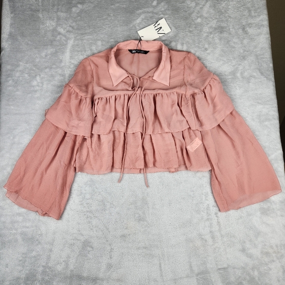 NWT Zara Blouse Top Blouse Riffled Chiffon Size S Small - Picture 2 of 10